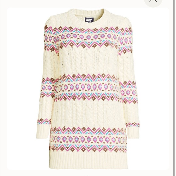 Lands End cable knit sweater cream pink Fairisle cozy tunic oversized medium - Picture 1 of 11